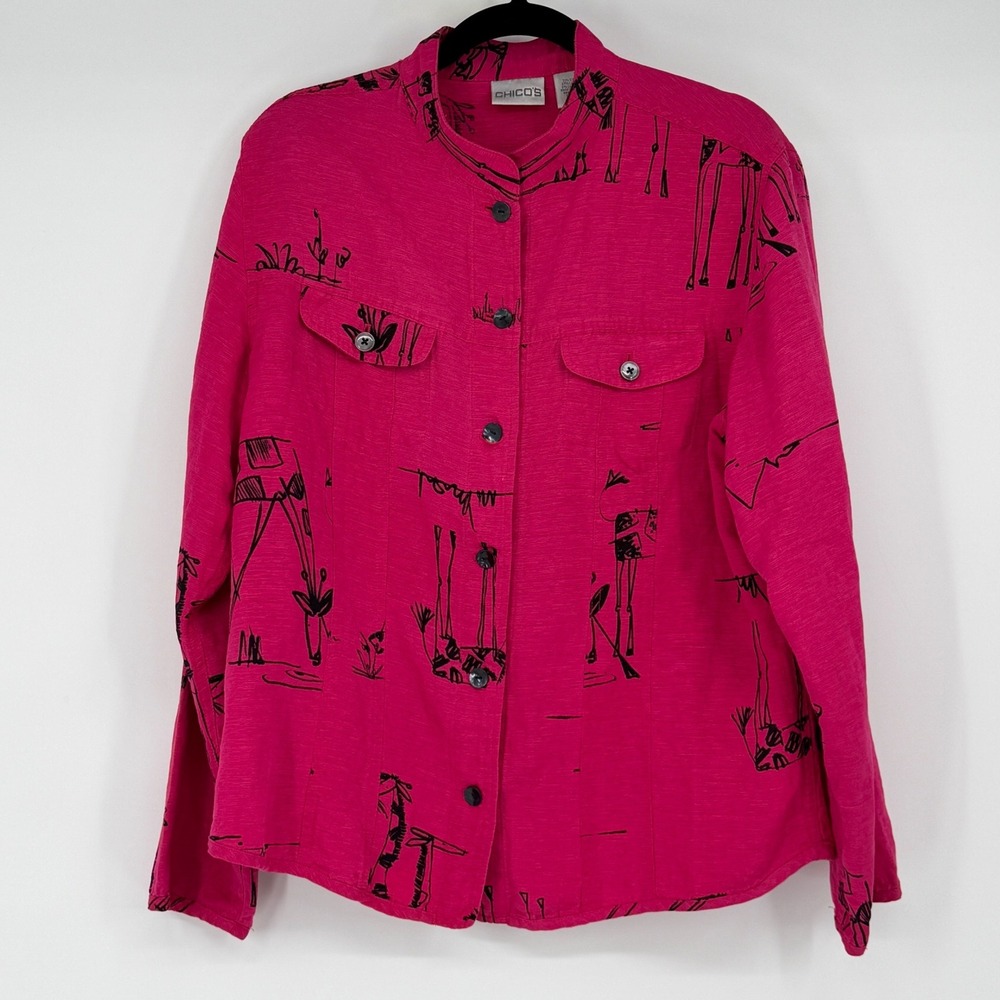 Chico's Silk Linen Pink Giraffe Print Button Down Shirt Size Large Safari Animal